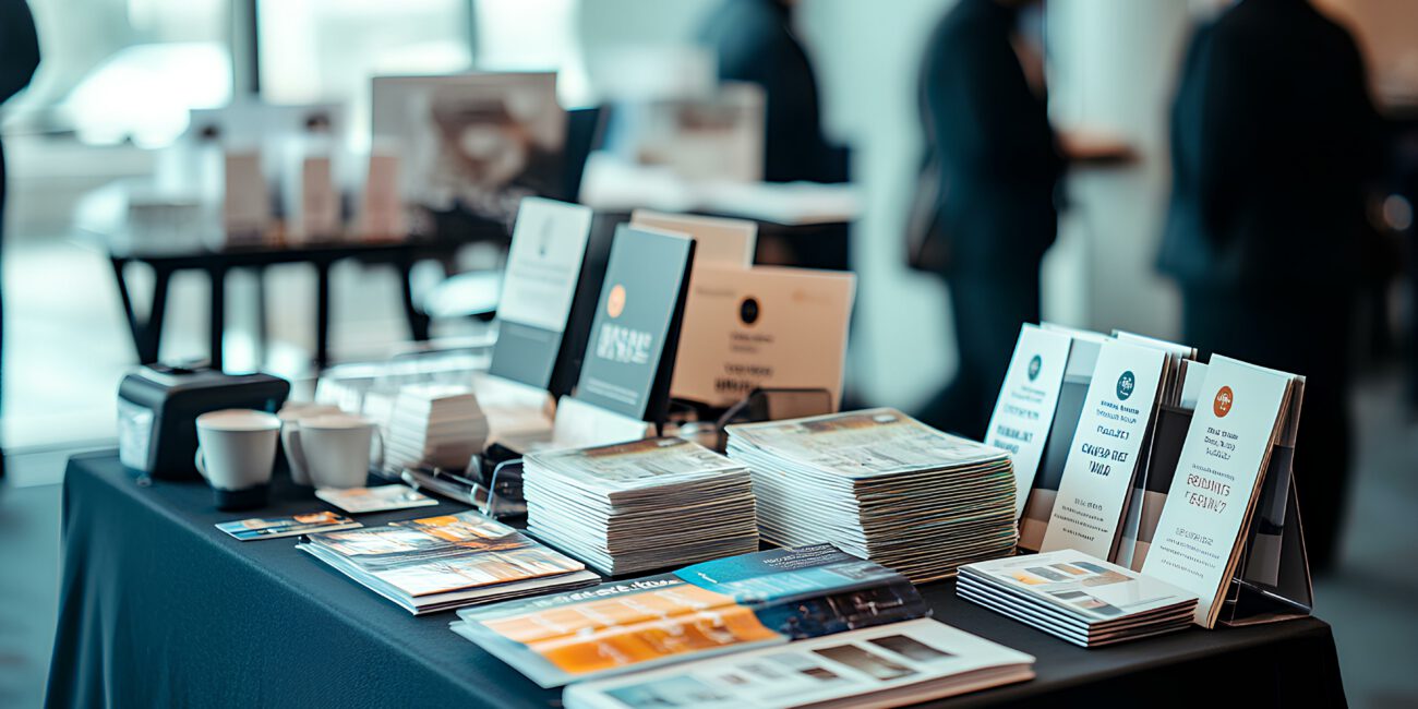 A display of notebooks, brochures, and printing materials set on a table at a professional event, with attendees in the background.