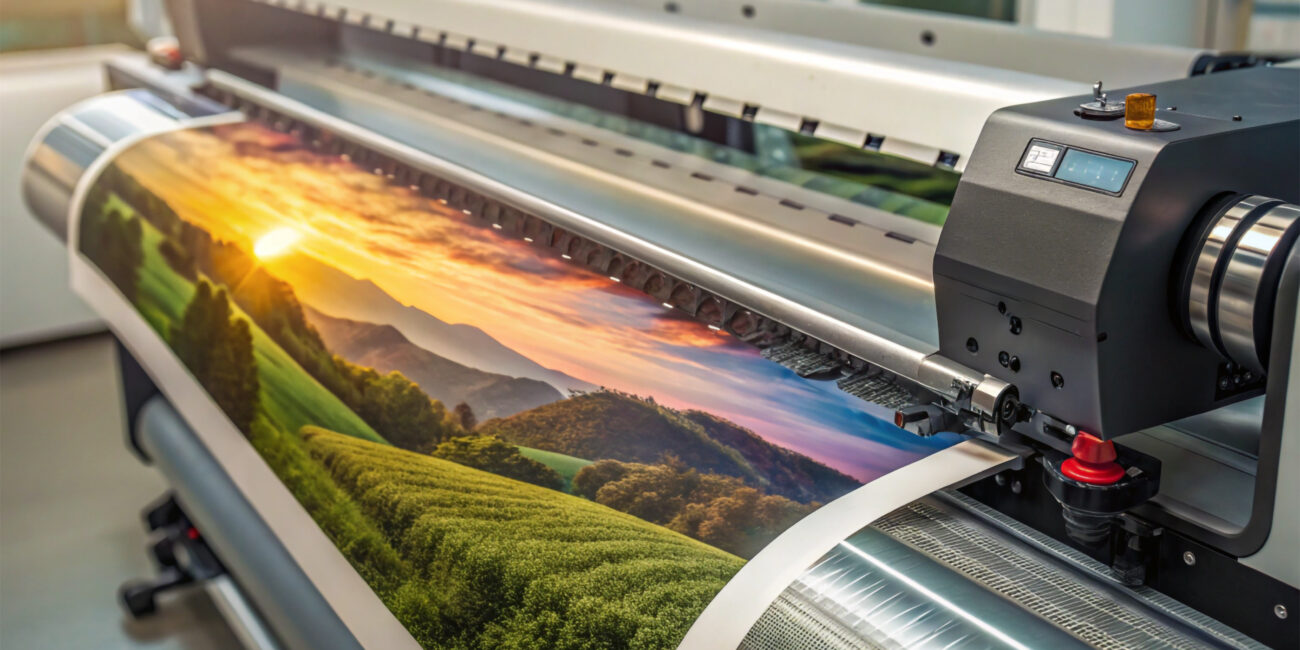 printing press in a factory Large wide digital inkjet printing machine during production. Generative Ai.