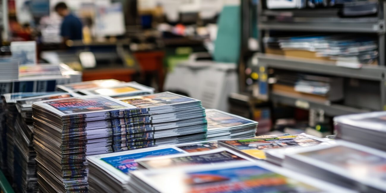 Stacks of colorful printed materials on a cluttered workspace in a busy printing shop