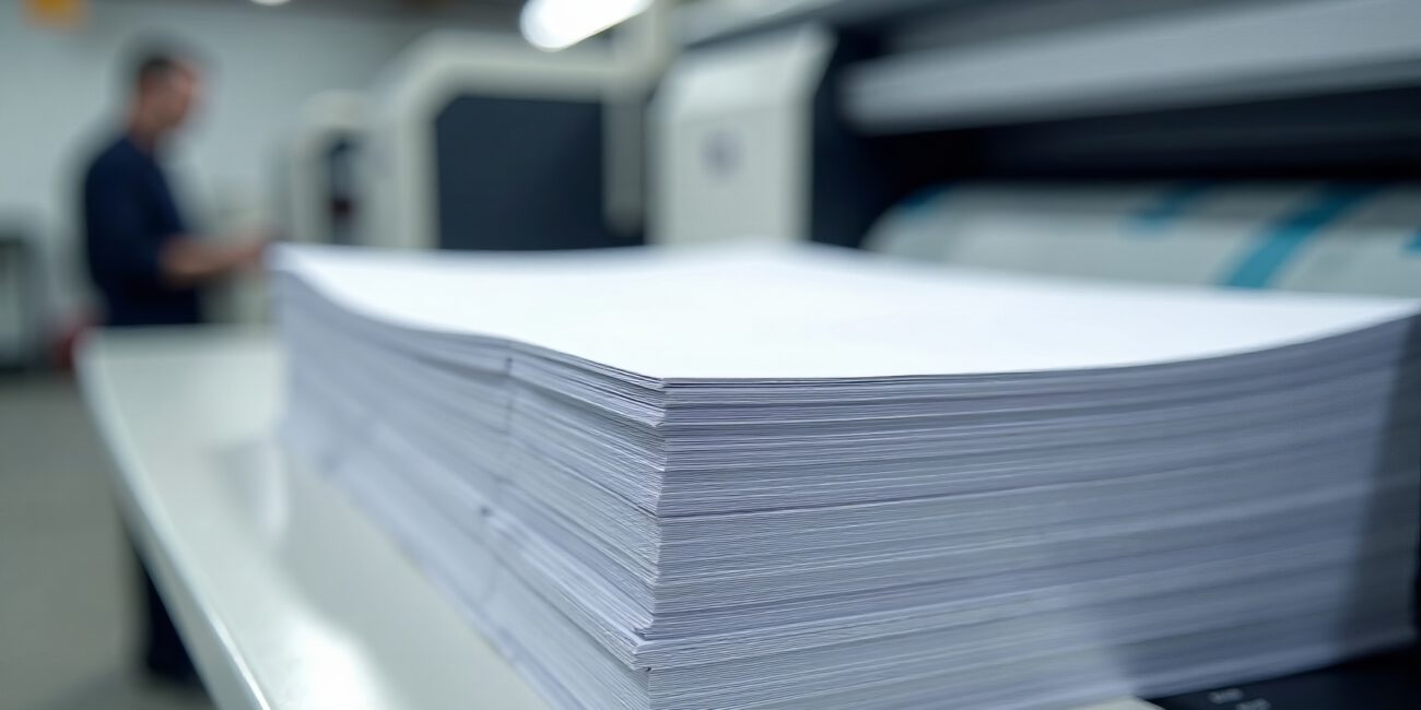 Stack of blank papers ready for printing in a modern industrial print shop.