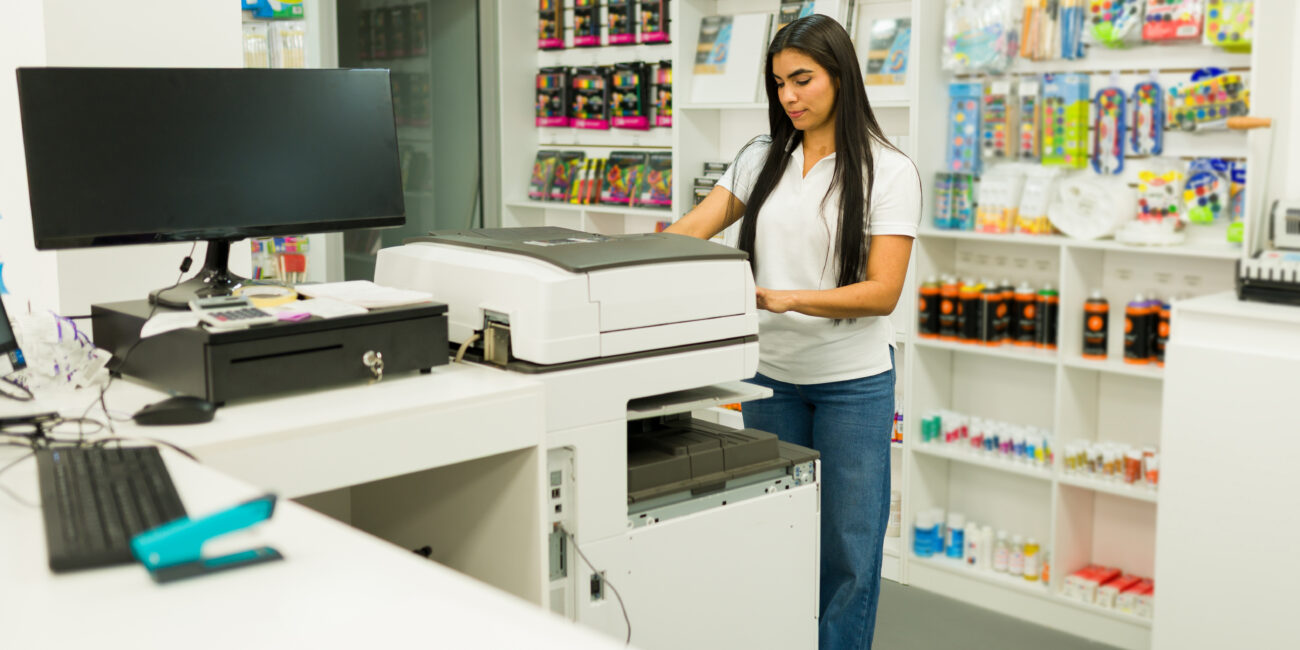 Young woman operating a photocopier machine at a copy center with office supplies and stationery on shelves