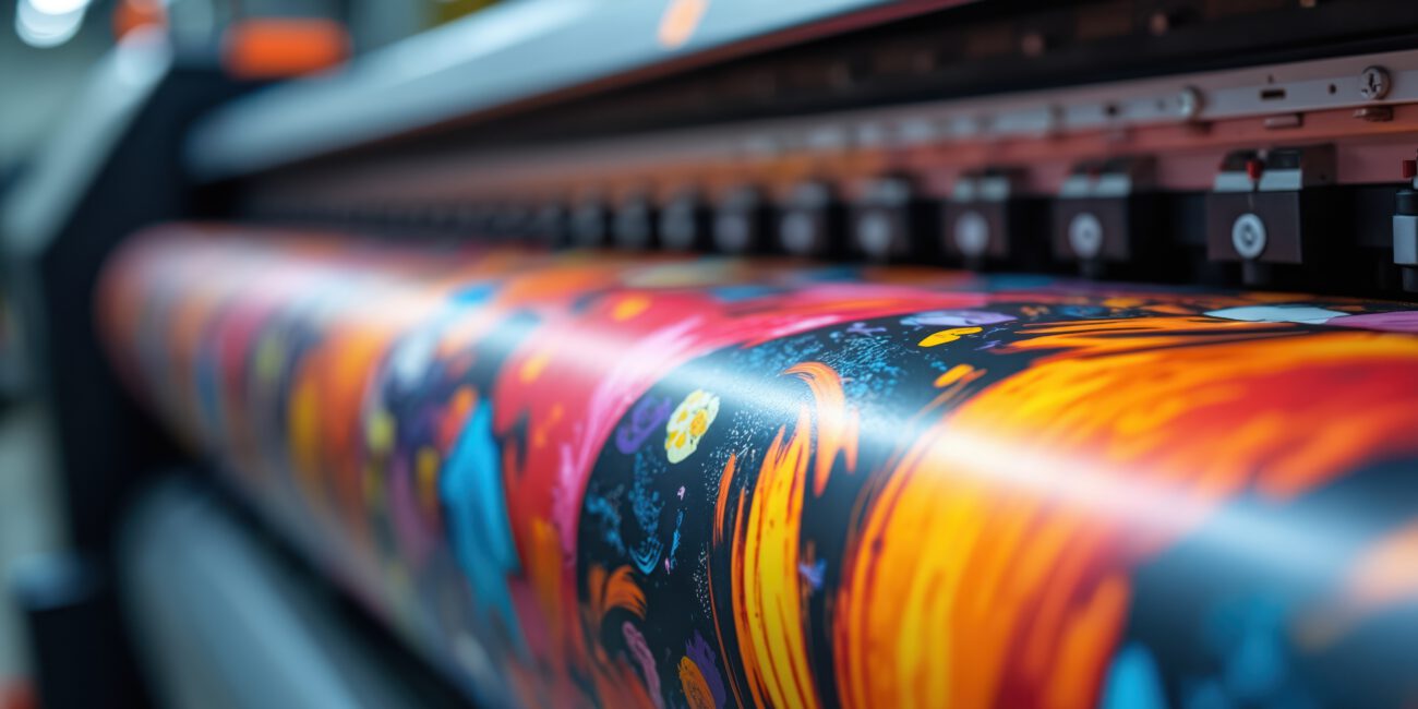Large format digital printer creates colorful graphic on vinyl roll. High speed printing press machines apply vibrant patterns to banners, posters wallpaper. Industrial production line.